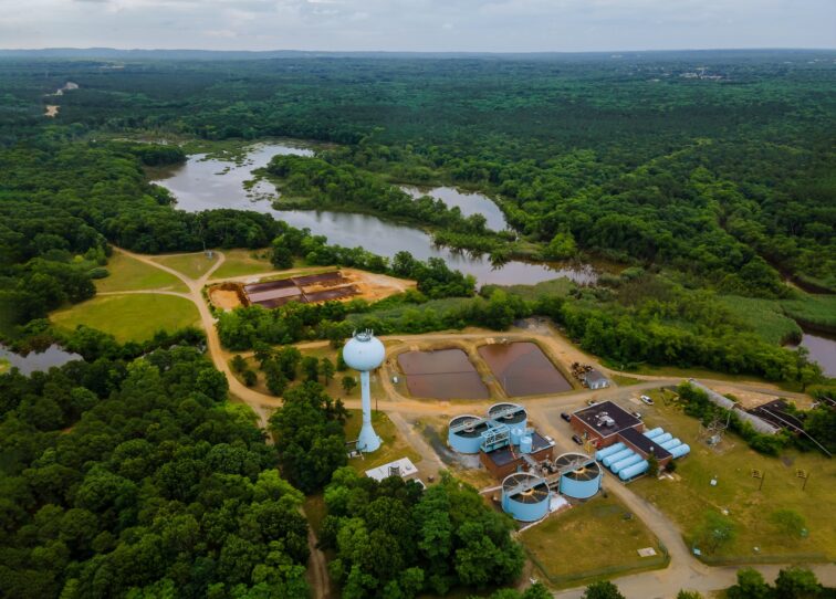 Aerial view of sewage treatment plant modern wastewater Industrial of water treatment